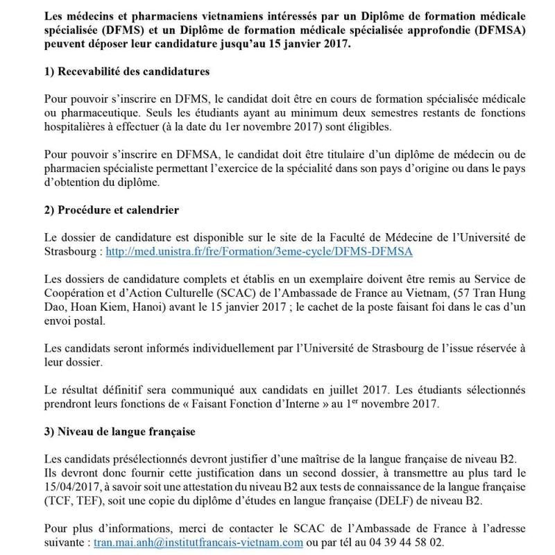 Chương trình xét tuyển học chuyên khoa DFMS-DFMSA dành cho bác sĩ nước ngoài tại Pháp năm học 2017-2018